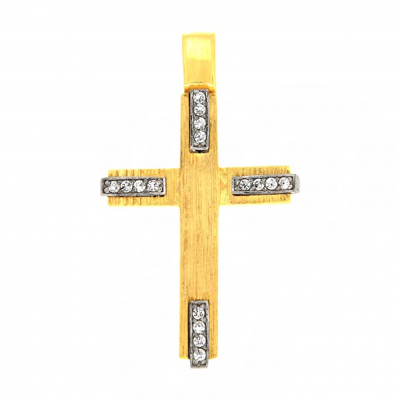 Σταυρός χρυσός δίχρωμος σε ice man, 14 καρατίων με πέτρες ζιργκόν.