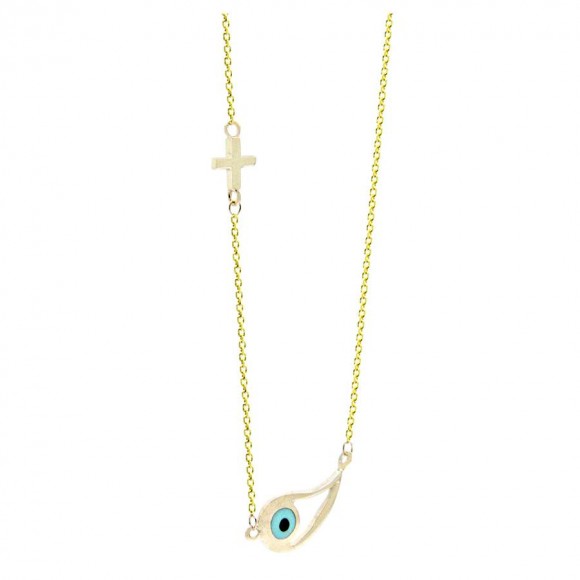 Κολιέ χρυσό μάτι και σταυρός