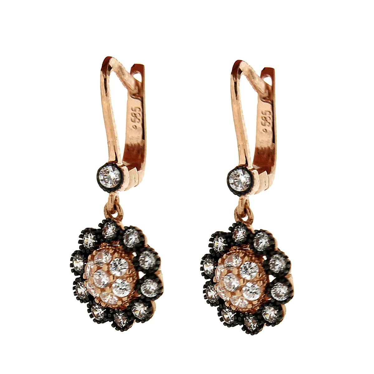 Σκουλαρίκια κρεμαστά σε ροζέτα, από ροζ χρυσό, 14 καρατίων.